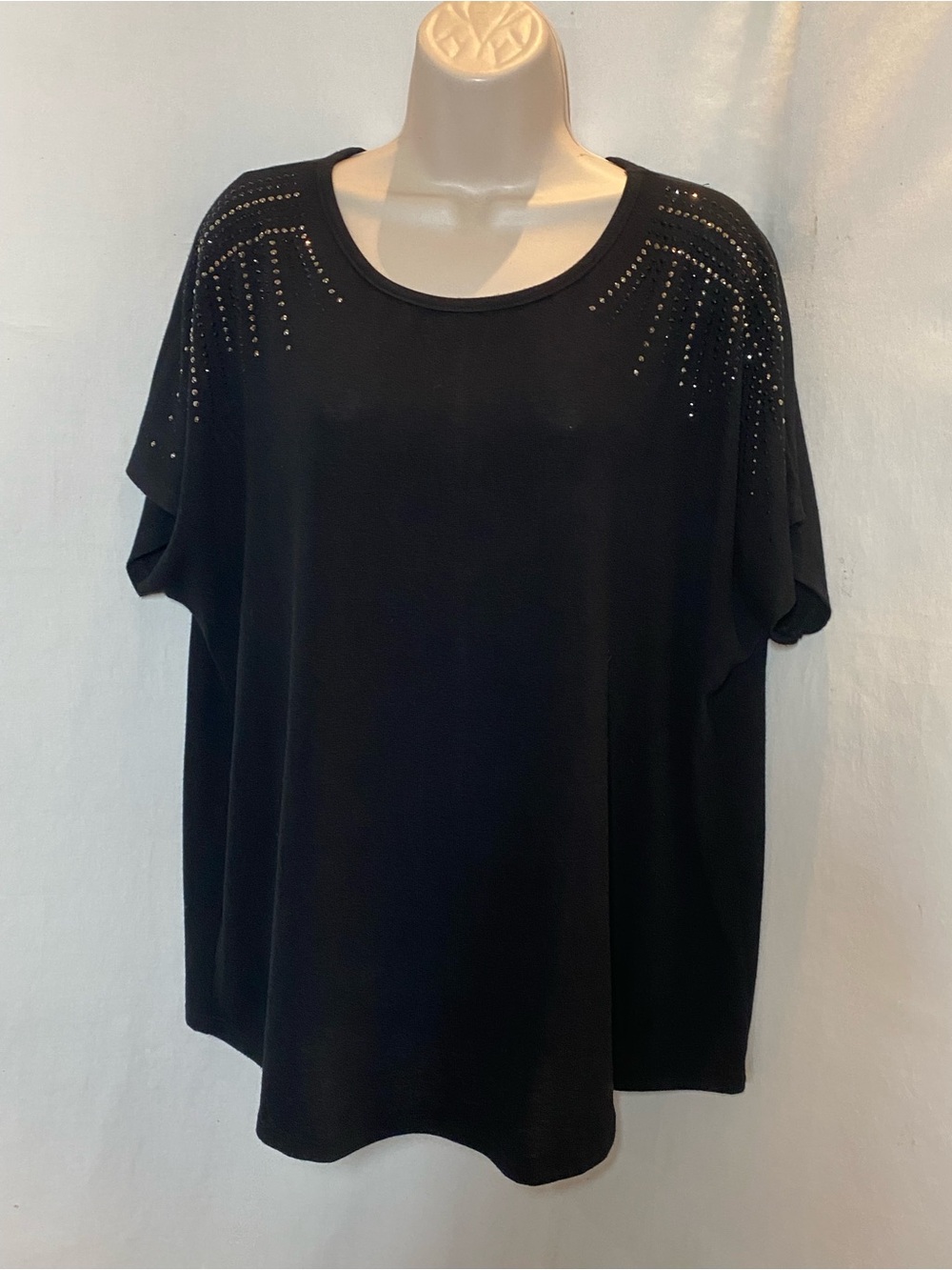 1X Vocal Short Dolman Sleeve Black Top With Bling Light-Med Weight